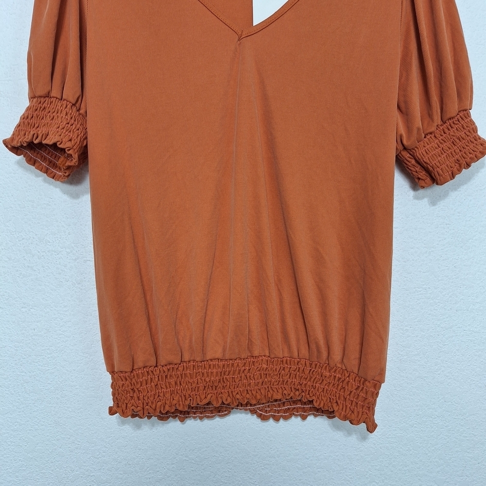Green Envelope "NEW" Orange Boho Modal Blend Academia Smocked Blouse Size L - Picture 3 of 11